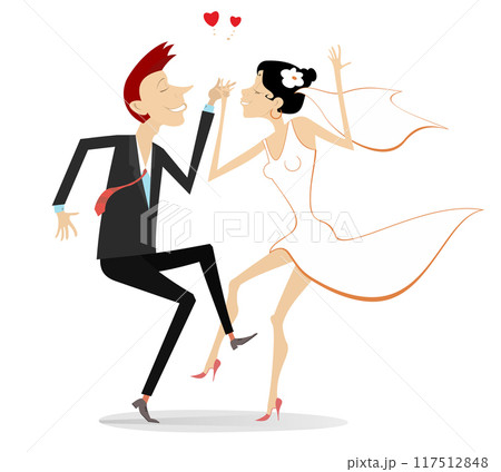 Dancing married wedding couple. Heart symbol and dancing happy man and woman in the white dress and wedding veil. Isolated on white background Dancing married wedding couple. Heart symbol and dancing happy man and woman in the white dress and wedding veil. Isolated on white background 117512848