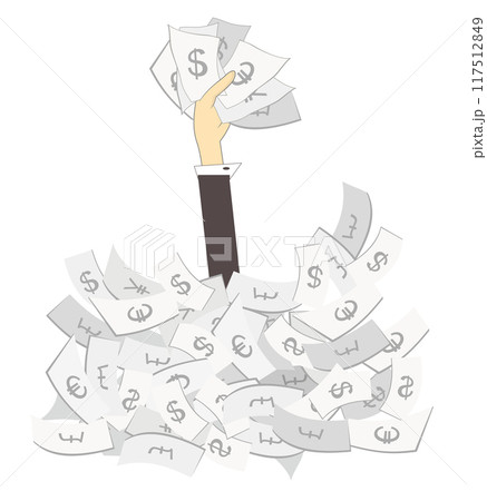 Success in business. Hand with paper currency. Gambling. Lottery. Hand with paper currency rising from the big pile of money. Business concept illustration 117512849