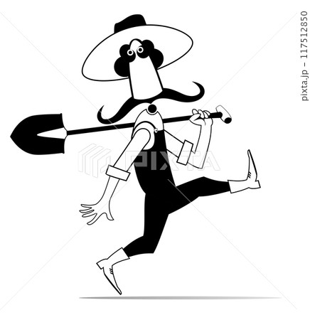 Agriculture, farming. Worker holding a shovel on the shoulder. Walking cartoon farmer or gardener with shovel on the shoulder. Black and white illustration Agriculture, farming. Worker holding a shovel on the shoulder. Walking cartoon farmer or gardener with shovel on the shoulder. Black and white illustration 117512850