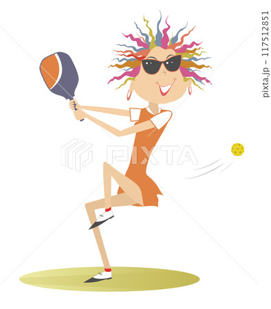 Smiling young woman playing pickleball. Young woman plays pickleball. Isolated on white background Smiling young woman playing pickleball. Young woman plays pickleball. Isolated on white background 117512851