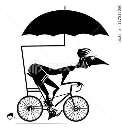 Cartoon man rides a bike under an umbrella. Smiling man in helmet rides a the bike and protects himself with umbrella Black and white illustration 117513080