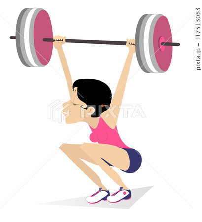 Cartoon woman weightlifter. Woman lifting heavy barbell during workout Female weightlifter training strength gym sport. Cartoon athlete performing powerlifting 117513083