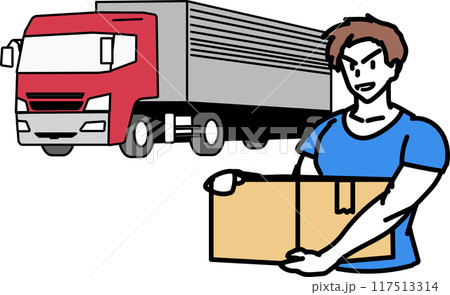 トラックと荷物を運ぶ男性 トラックと荷物を運ぶ男性 117513314