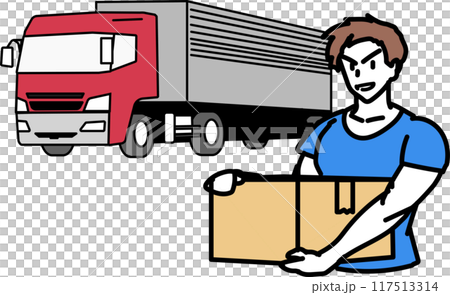 トラックと荷物を運ぶ男性 トラックと荷物を運ぶ男性 117513314