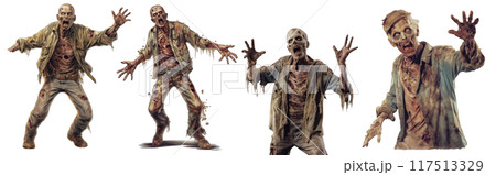 Zombie with scary face, damaged skin, blood on face and in mouth isolated on white background Zombie with scary face, damaged skin, blood on face and in mouth isolated on white background 117513329
