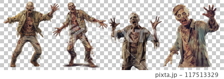 Zombie with scary face, damaged skin, blood on face and in mouth isolated on white background Zombie with scary face, damaged skin, blood on face and in mouth isolated on white background 117513329