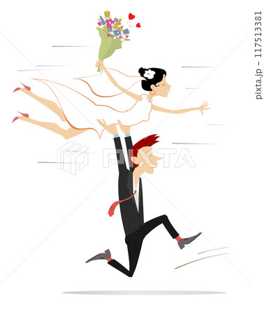 Cartoon married wedding couple. Hearts symbol. Groom and bride. Happy running groom carries his bride on the hands above the head. Isolated on white background Cartoon married wedding couple. Hearts symbol. Groom and bride. Happy running groom carries his bride on the hands above the head. Isolated on white background 117513381