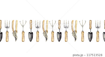 Seamless garden border with trowel, hoe, pruners 117513528