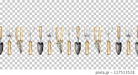 Seamless garden border with trowel, hoe, pruners 117513528