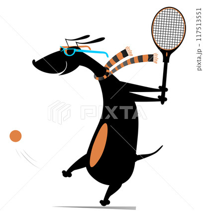 Cartoon dog playing tennis. Cartoon dog in sunglasses with a tennis racket beats a ball. Isolated on white background	 117513551