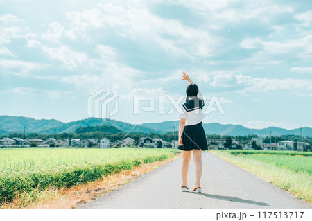 夏の田んぼ道で空に手を伸ばす三つ編みのセーラ服の女の子 117513717