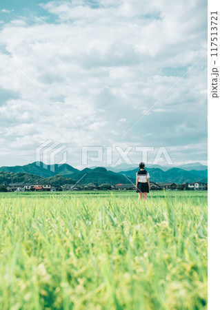 夏の田んぼ道を歩いていく三つ編みのセーラ服の女の子 117513721