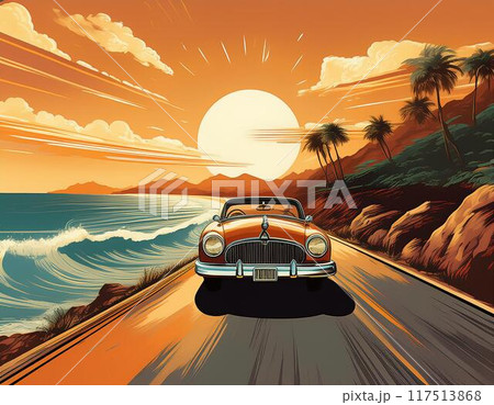 夕焼けの海の砂浜を走る赤い車 117513868