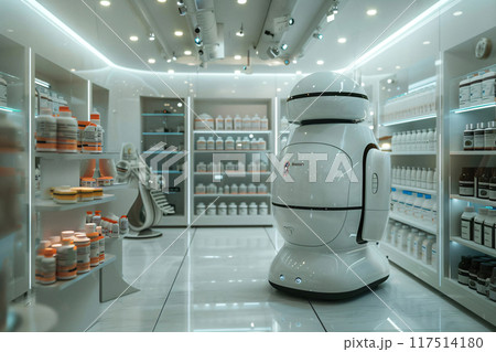 Drug dispensing robot instead of staff. Artificial intelligence concept. AI Generated. 117514180
