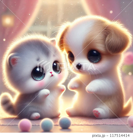 お座りした子猫と子犬 お座りした子猫と子犬 117514414