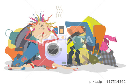 Young woman, dirty laundry and washing machine. Cartoon young woman with sitting near washing machine and big pile of dirty laundry	 117514562