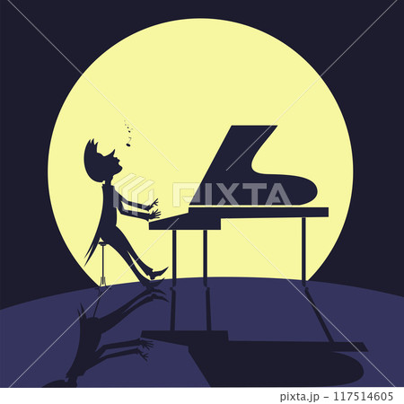 Man playing piano and singing under the moon. Silhouette of a man playing the piano and singing. Full moon background	 117514605