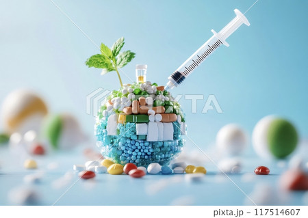 Syringe injecting medicine into globe covered in pills Syringe injecting medicine into globe covered in pills 117514607