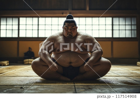 Sumo wrestler sitting in a traditional dojo preparing for the match 117514908