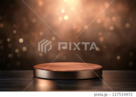 Round metallic copper podium presenting new product with bokeh background 117514972