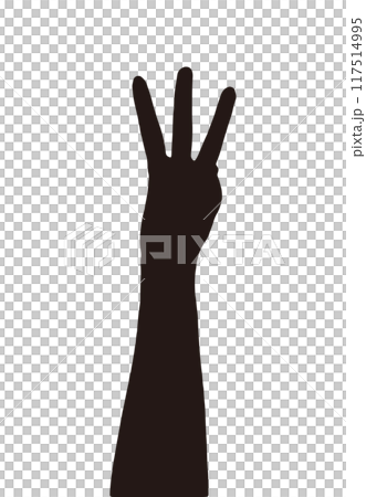 Silhouette of a woman's left hand with three fingers up Silhouette of a woman's left hand with three fingers up 117514995