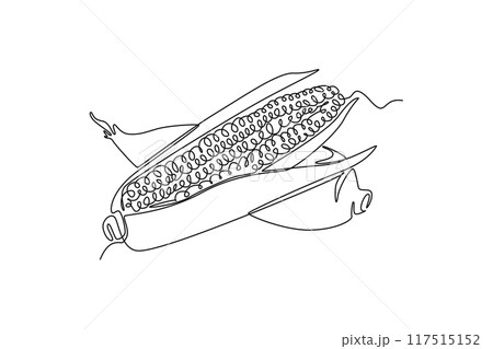 Continuous one line drawing whole and peeled healthy organic sweet corn crop for farm logo identity. Fresh maize concept for starchy vegetable icon. Single line draw design vector graphic illustration Continuous one line drawing whole and peeled healthy organic sweet corn crop for farm logo identity. Fresh maize concept for starchy vegetable icon. Single line draw design vector graphic illustration 117515152