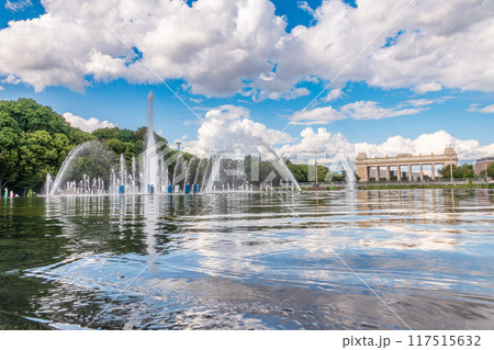 Fountain in the Gorky Park in hot summer day. Fountain in the Gorky Park in hot summer day. 117515632