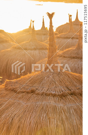 Straw umbrellas on empty beach. Beautiful empty beach with sun umbrellas and sunbeds 117515695
