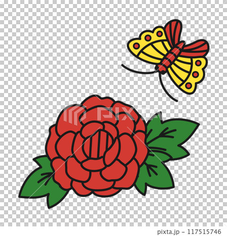 Hanafuda 卡片上牡丹上蝴蝶圖像的插圖 Hanafuda 卡片上牡丹上蝴蝶圖像的插圖 117515746