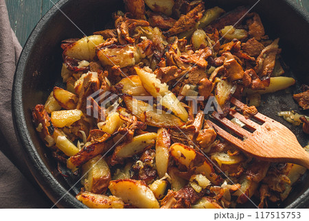 Fried chanterelles with mushrooms, in a clay pan, close-up, top view, selective focus, Fried chanterelles with mushrooms, in a clay pan, close-up, top view, selective focus, 117515753