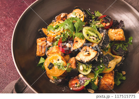 Warm Salad, Saksuka, with crispy eggplant, and tomatoes, spices, herbs, sesame seeds, sunflower seeds, Turkish cuisine, no people, Warm Salad, Saksuka, with crispy eggplant, and tomatoes, spices, herbs, sesame seeds, sunflower seeds, Turkish cuisine, no people, 117515775