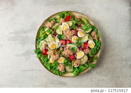 Tuna salad, vegetable salad with quail eggs, lettuce, red onion and cucumbers, on a light gray table, keto food, lifestyle, healthy eating, selective focus, top view, no people, Tuna salad, vegetable salad with quail eggs, lettuce, red onion and cucumbers, on a light gray table, keto food, lifestyle, healthy eating, selective focus, top view, no people, 117515817