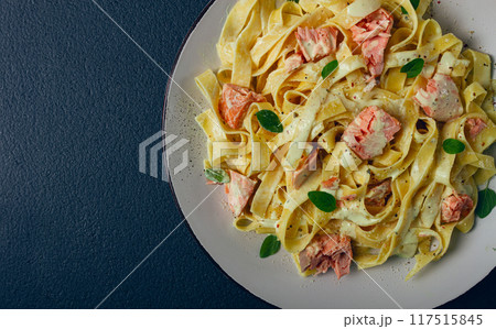 tagliatelle pasta, in cream sauce with salmon, homemade, no people, tagliatelle pasta, in cream sauce with salmon, homemade, no people, 117515845