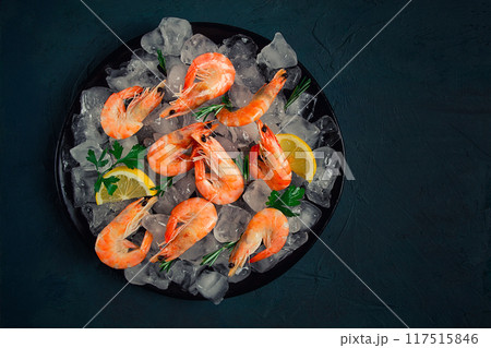King shrimps, undivided, boiled-frozen, on ice, top view, selective focus, no people, King shrimps, undivided, boiled-frozen, on ice, top view, selective focus, no people, 117515846