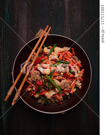 Wok, Asian-style vegetables, street food, mixed vegetables, no people, top view, 117515883