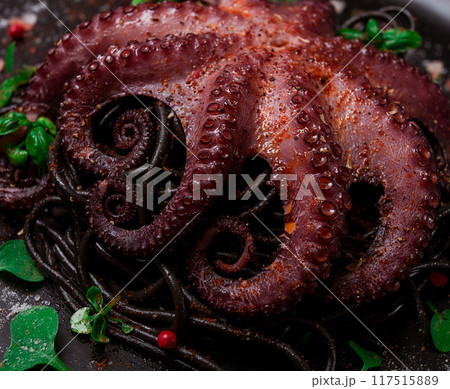 Octopus with black spaghetti, pasta, spices and herbs, top view, no people, Octopus with black spaghetti, pasta, spices and herbs, top view, no people, 117515889