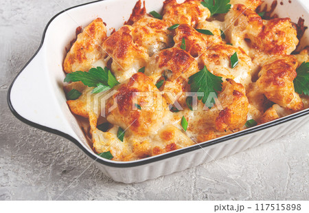 baked cauliflower, in cream sauce, with cheese and spices, homemade, no people, 117515898
