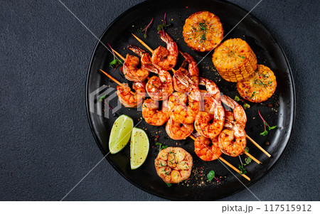 tiger prawns on skewers, shrimp kebab, with corn, fried, homemade, no people, tiger prawns on skewers, shrimp kebab, with corn, fried, homemade, no people, 117515912