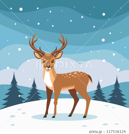 Winter landscape, reindeer in winter forest. Holiday illustration. Wildlife illustration in flat style Winter landscape, reindeer in winter forest. Holiday illustration. Wildlife illustration in flat style 117516124