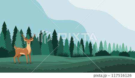 Landscape, deer on a clearing in the forest. Horizontal banner. Wildlife illustration in flat style 117516126