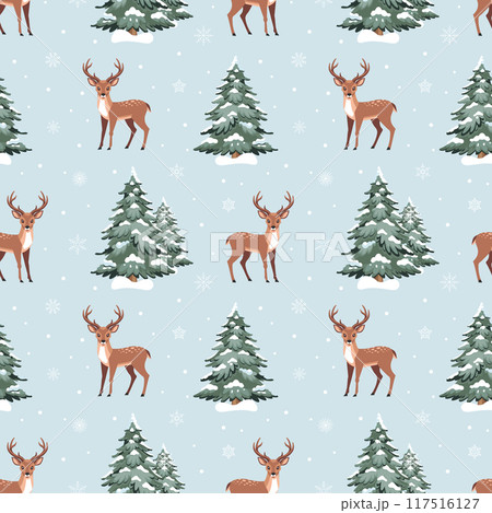 Wild deer in winter forest seamless pattern. Winter scene. Reindeer and fir trees in snow. Wildlife illustration 117516127