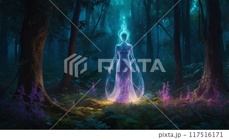 A mysterious unearthly spirit, shimmering with otherworldly light, serenely floats in a lush forest clearing 117516171
