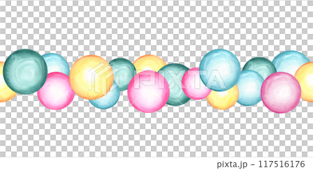 Pink, yellow, green and blue Circles seamless banner clip art. Gradient Splashes, round doodle spots. Large bubbles in minimalist style. Watercolor isolated illustration for textile, decor. 117516176