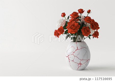 Elegant cracked white porcelain vase with red and white roses, perfect for special occasions like Valentine's Day or birthdays Elegant cracked white porcelain vase with red and white roses, perfect for special occasions like Valentine's Day or birthdays 117516695