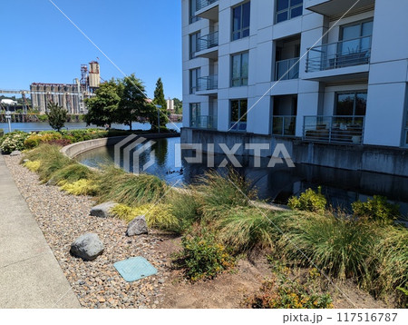 PORTLAND, OREGON, USA - 07.10.2024: Residential apartments on the banks of the Willamette River. PORTLAND, OREGON, USA - 07.10.2024: Residential apartments on the banks of the Willamette River. 117516787