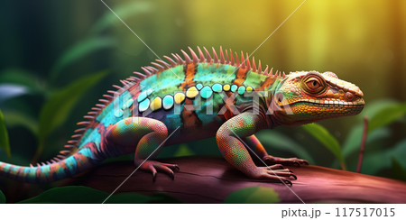 Multicolored Chameleon Changes Colors And Sits On A Tree Branch 117517015