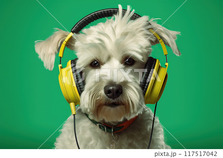funny portrait of in dog in headphones on vibrant background 117517042