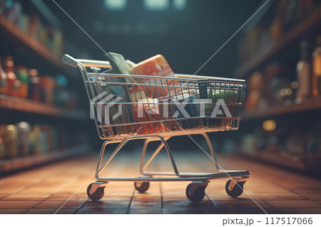 Cart full of groceries in blurry supermarket 117517066