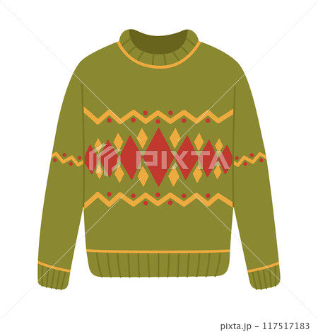 Green warm sweater with rhombus ornament. Knitted wool jumper for autumn and winter. Cozy pullover. Vector flat illustration isolated on white background Green warm sweater with rhombus ornament. Knitted wool jumper for autumn and winter. Cozy pullover. Vector flat illustration isolated on white background 117517183