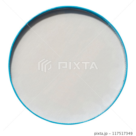 Round paper white lid with blue border on isolated background, top view Round paper white lid with blue border on isolated background, top view 117517349